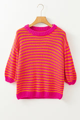 Rose Stripe 3/4 Puff Sleeve Drop Shoulder Sweater Sweaters JT's Designer Fashion