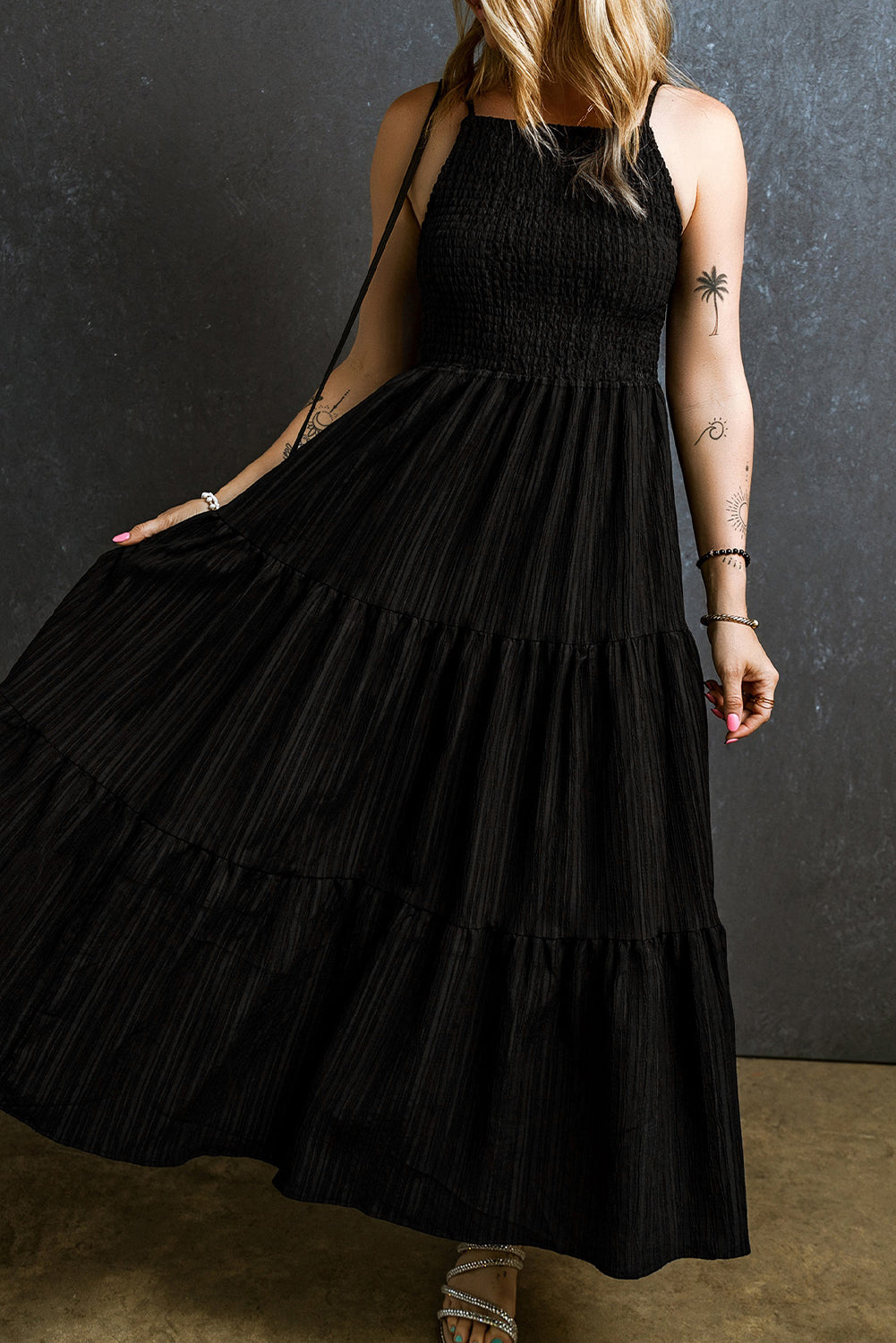 Black Spaghetti Straps Smocked Pleated Tiered Long Dress Maxi Dresses JT's Designer Fashion