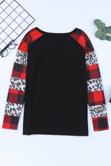 Black Off Shoulder Plaid&Leopard Print Long Sleeve Top Long Sleeve Tops JT's Designer Fashion