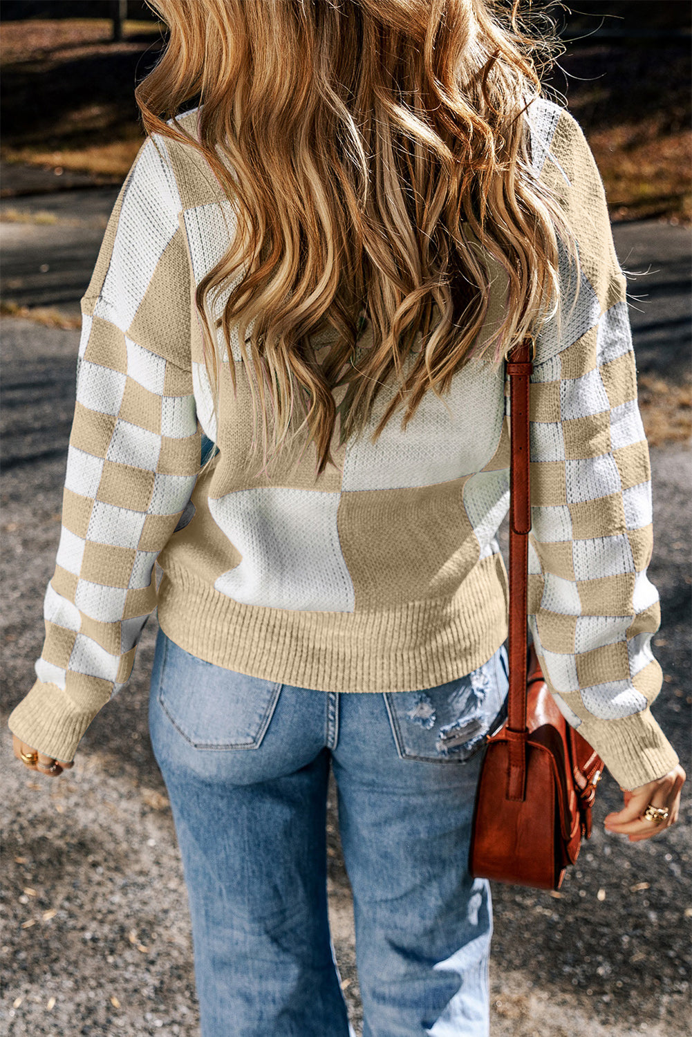Flaxen Checkered Print Drop Shoulder Sweater Sweaters JT's Designer Fashion