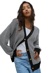 White Stripe Buttoned Front V Neck Herringbone Cardigan Cardigans JT's Designer Fashion