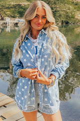 Sky Blue Star Print Light Wash Raw Hem Denim Jacket Denim Jackets JT's Designer Fashion