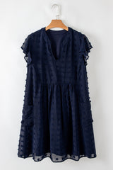 Navy Blue Dotty Textured Notched Neck Plus Ruffled Dress Plus Size Mini Dresses JT's Designer Fashion