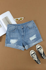 Distressed Ripped Rolled Hem Sky Blue Denim Shorts Denim Shorts JT's Designer Fashion