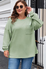 Clearly Aqua Plus Size Corded Knit Pocketed Crew Neck Top Plus Size Long Sleeve Tops JT's Designer Fashion