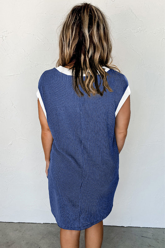 Sail Blue Rib Textured Cap Sleeve T-Shirt Dress T Shirt Dresses JT's Designer Fashion