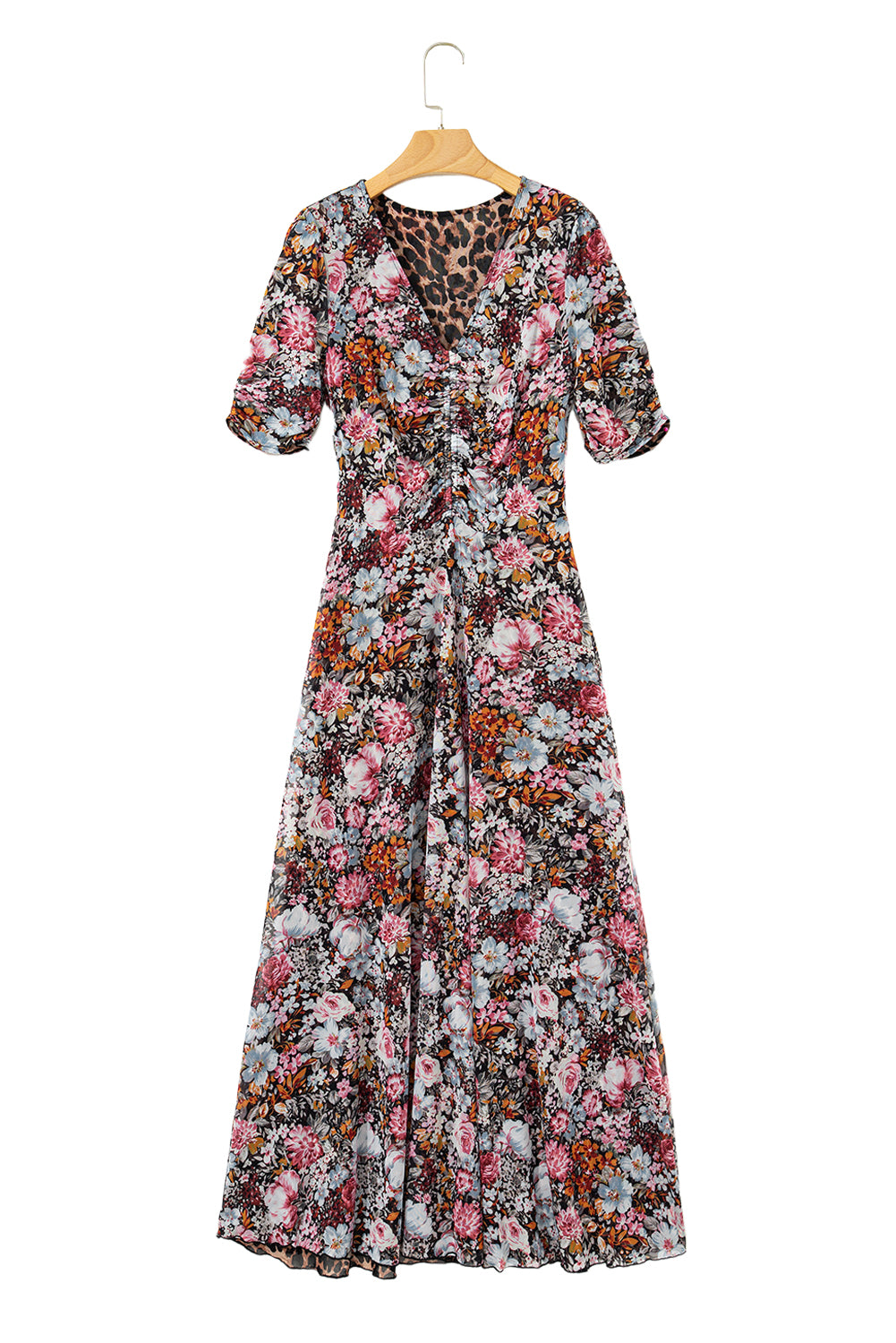 Brown Mesh Leopard Floral Reversible V Neck Short Sleeve Dress Dresses JT's Designer Fashion