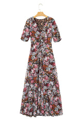 Brown Mesh Leopard Floral Reversible V Neck Short Sleeve Dress Dresses JT's Designer Fashion