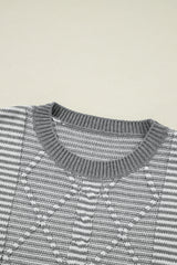 Gray Stripe Geometric Textured Drop Shoulder Sweater Sweaters JT's Designer Fashion