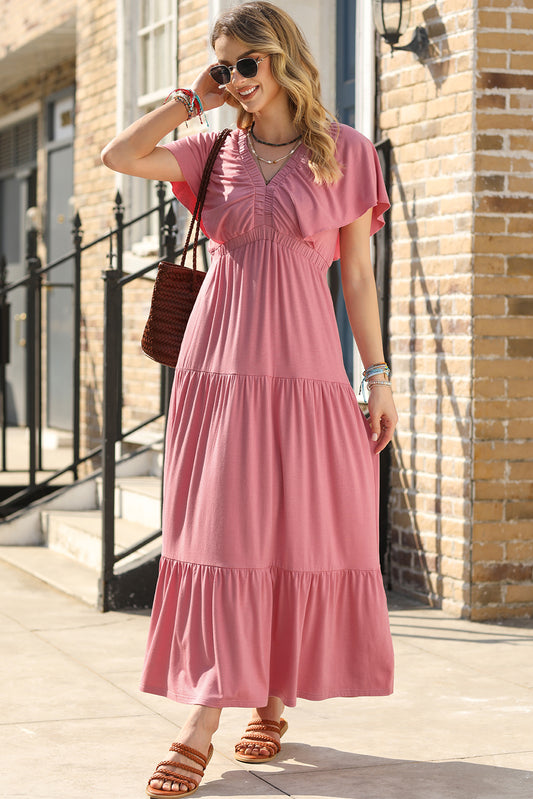 Rose Pink Textured V Neck Flutter Sleeve Ruffled Long Dress Maxi Dresses JT's Designer Fashion