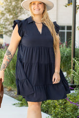 Navy Blue Collared V Neck Flutter Sleeve Tiered Plus Size Dress Plus Size Mini Dresses JT's Designer Fashion