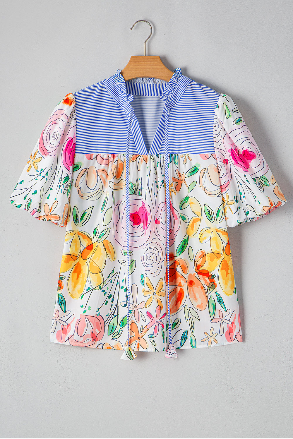 Multicolour Floral Print Striped Yoke Frilled V Neck Puff Short Sleeve Blouse Blouses & Shirts JT's Designer Fashion