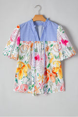 Multicolour Floral Print Striped Yoke Frilled V Neck Puff Short Sleeve Blouse Blouses & Shirts JT's Designer Fashion