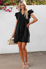 Black Ruffle Sleeve V Neck Frilled Shift Dress Mini Dresses JT's Designer Fashion
