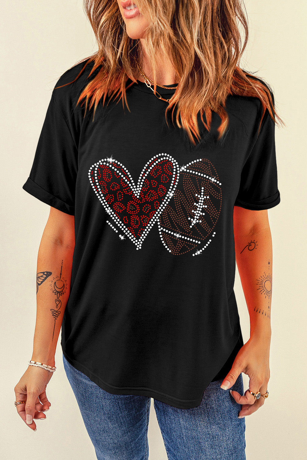 Black Rhinestone Rugby Heart Shape Graphic Crewneck T Shirt Graphic Tees JT's Designer Fashion