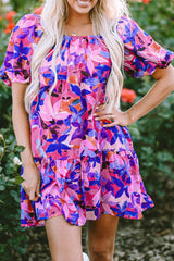 Purple Flower Print Short Puff Sleeve Ruffled Dress Floral Dresses JT's Designer Fashion