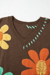 Coffee Big Flower Pattern V Neck Drop Shoulder Sweater Sweaters JT's Designer Fashion