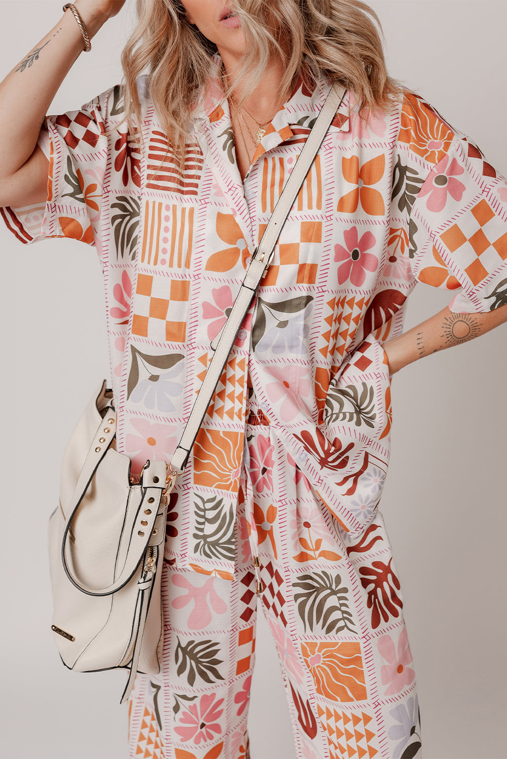 Orange Plant Checkered Print Collared Shirt and Wide Leg Pants Set Pant Sets JT's Designer Fashion