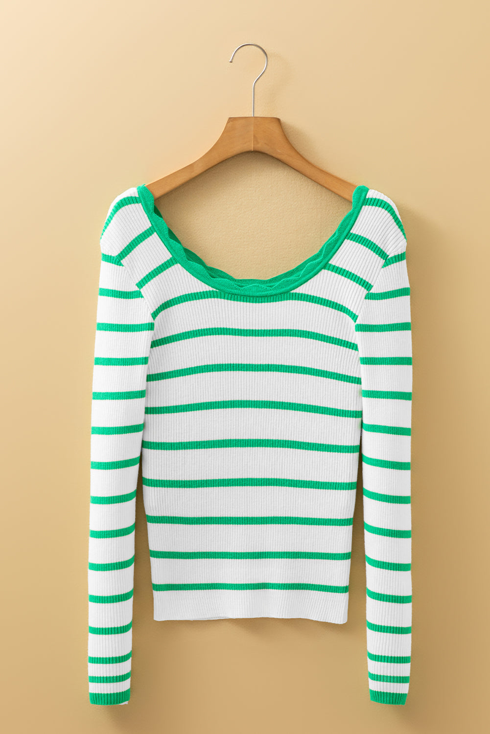Bright Green Scalloped Trim U Neck Striped Ribbed Slim Sweater Sweaters JT's Designer Fashion