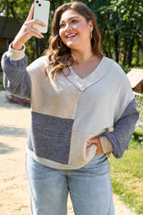 Ashleigh Blue Plus Size Textured Colorblock Patchwork V Neck Top Plus Size Long Sleeve Tops JT's Designer Fashion