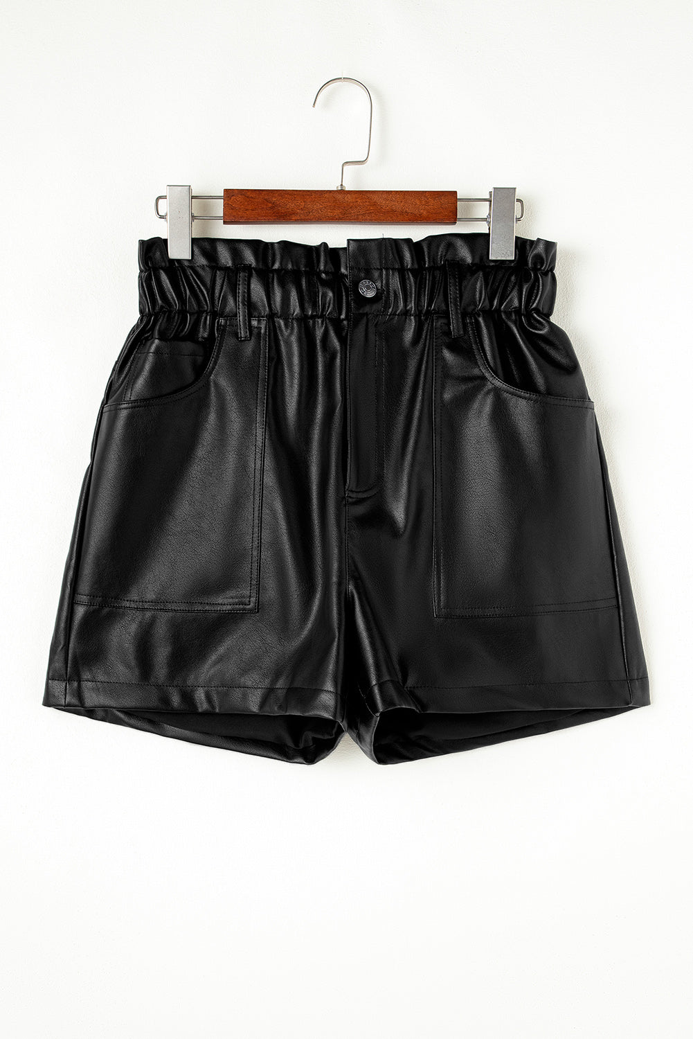 Black Faux Leather Paper Bag Waist High Rise Shorts Casual Shorts JT's Designer Fashion