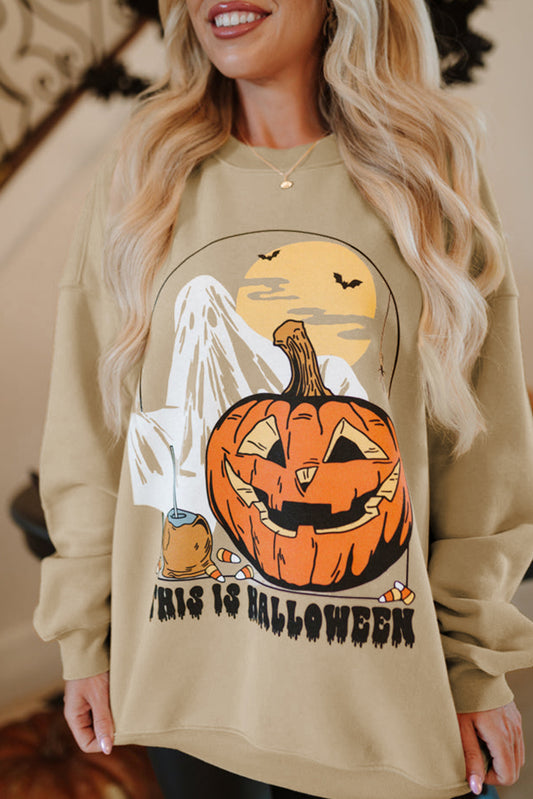 Parchment Spooky Pumpkin Graphic Crewneck Halloween Sweatshirt Parchment 50%Polyester+50%Cotton Graphic Sweatshirts JT's Designer Fashion