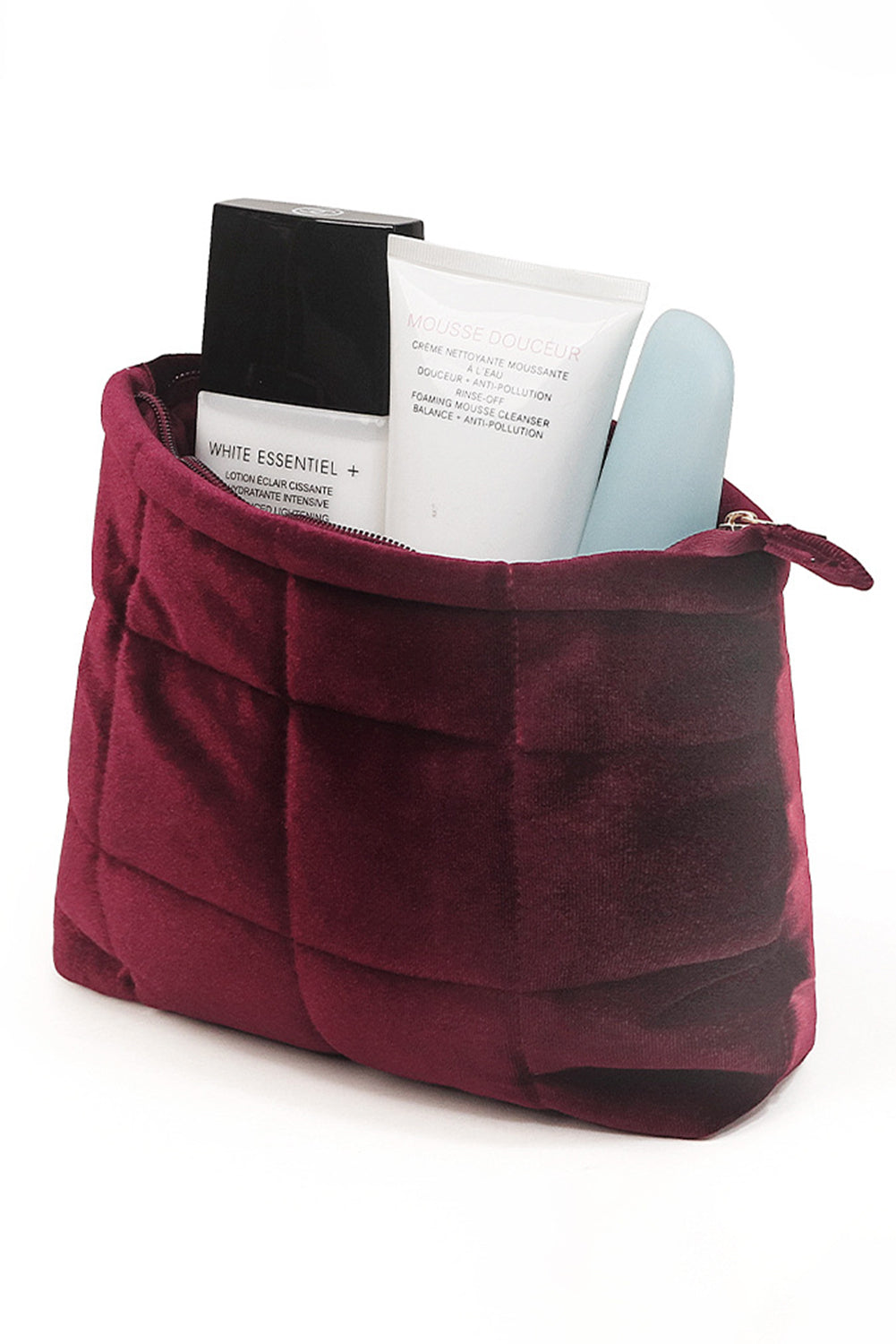 Burgundy Quilted Velour Zipper Cosmetic Organize Pouch Makeup Bags JT's Designer Fashion