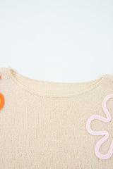 Jet Stream Contrast Flower Detail Colorblock Cuffed Loose Sweater Sweaters JT's Designer Fashion