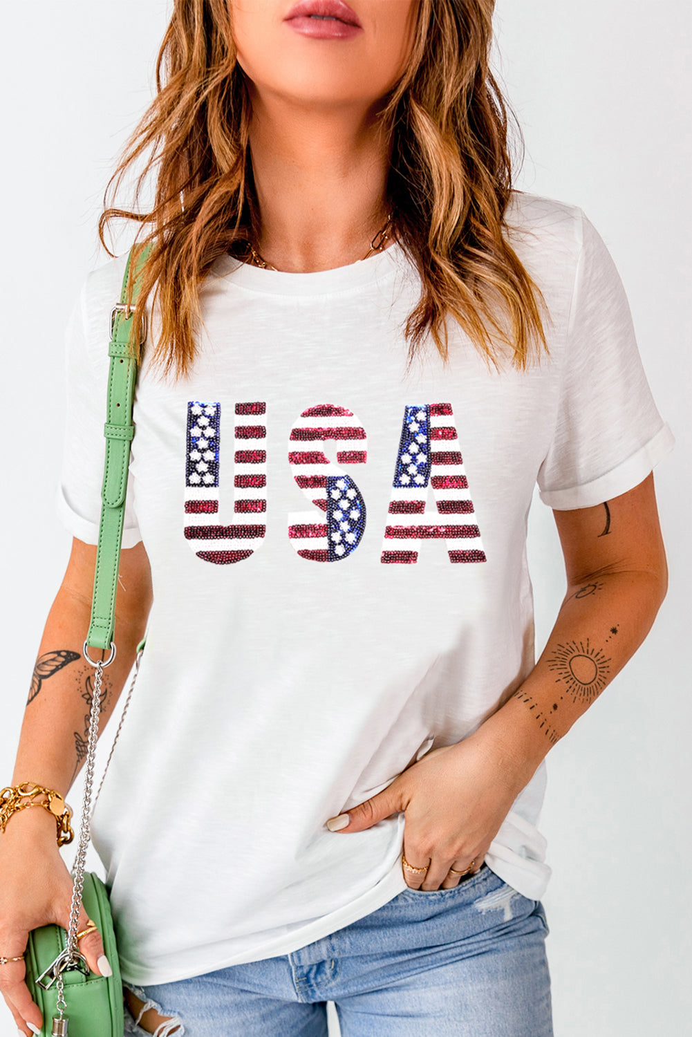 White USA Flag Sequin Patched Round Neck T Shirt Graphic Tees JT's Designer Fashion