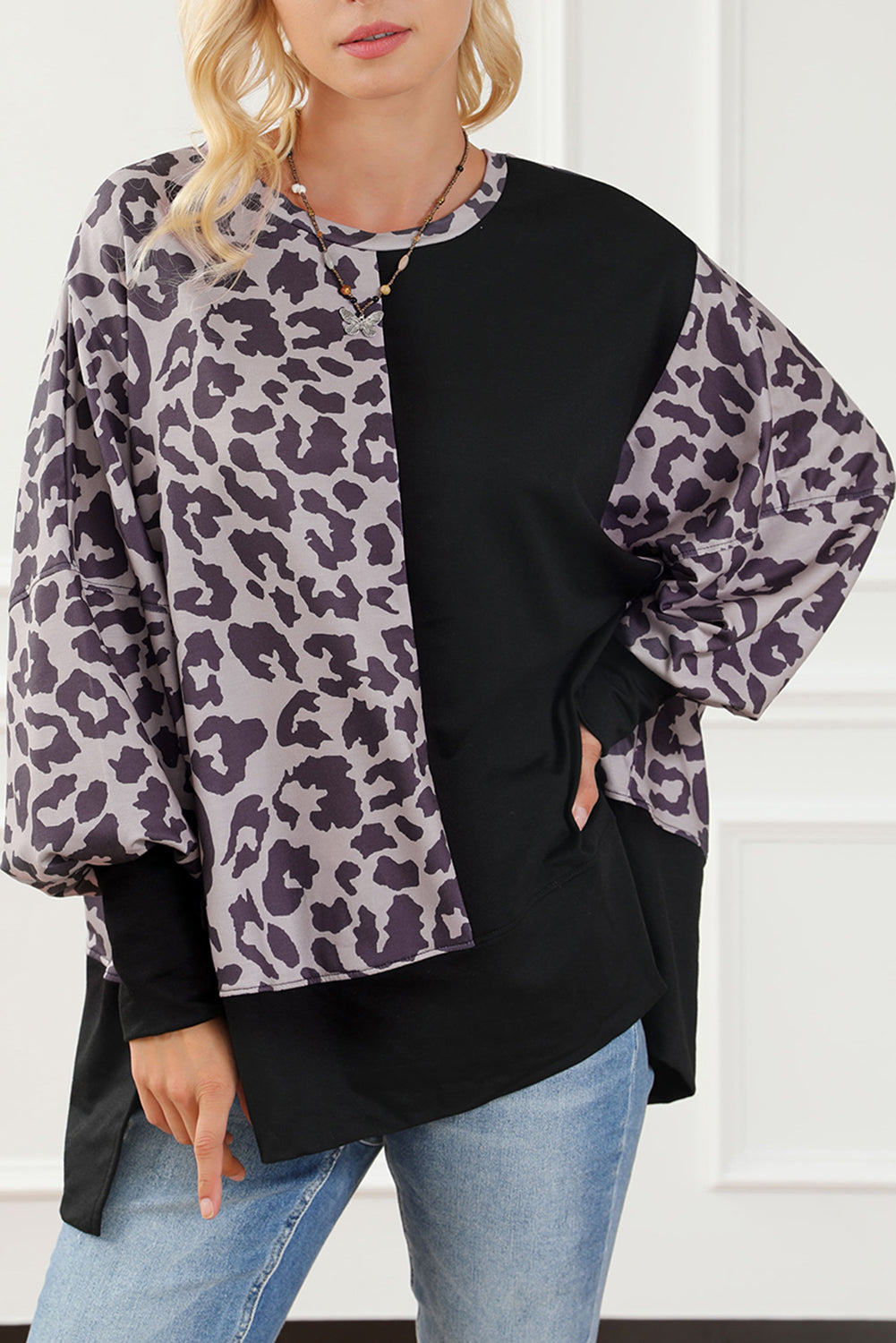 Black Leopard Patchwork Bishop Sleeve Slit Sweatshirt Sweatshirts & Hoodies JT's Designer Fashion