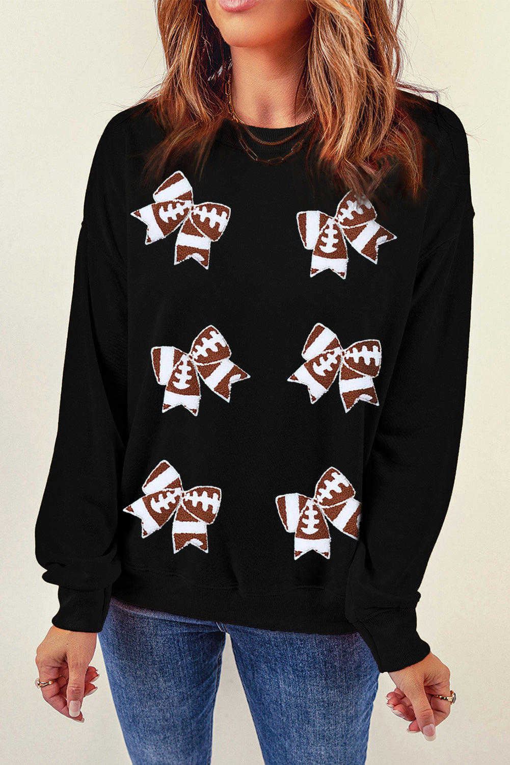 Black Rugby Football Bowknot Patched Crew Neck Game Day Sweatshirt Graphic Sweatshirts JT's Designer Fashion