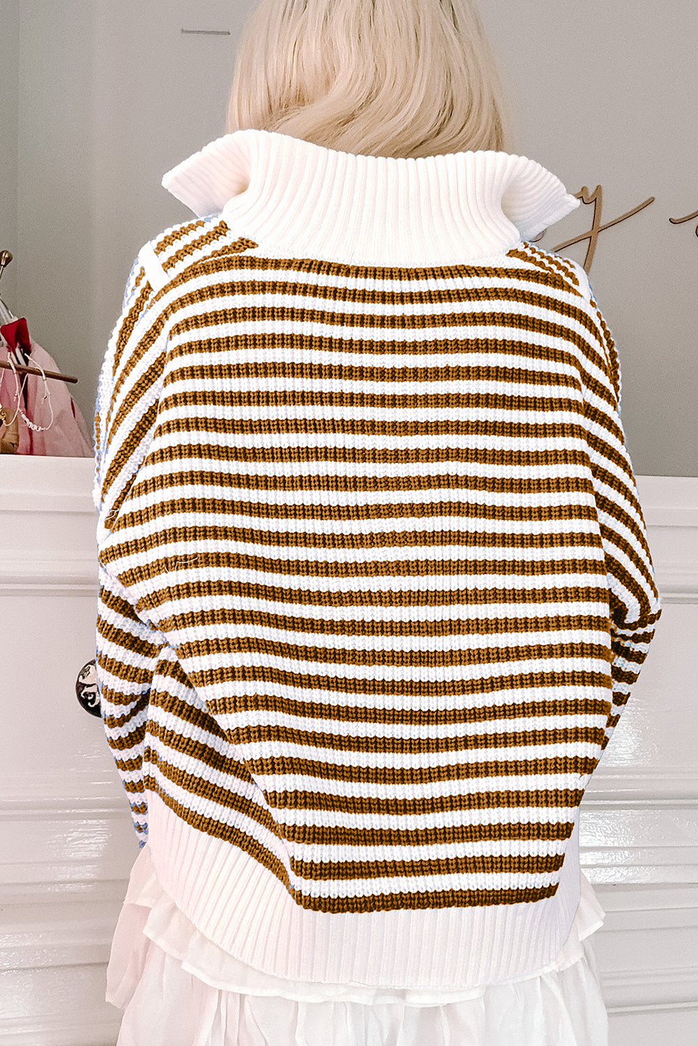 Khaki Stripe Zip up Collar Drop Shoulder Sweater Sweaters JT's Designer Fashion