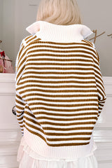 Khaki Stripe Zip up Collar Drop Shoulder Sweater Sweaters JT's Designer Fashion