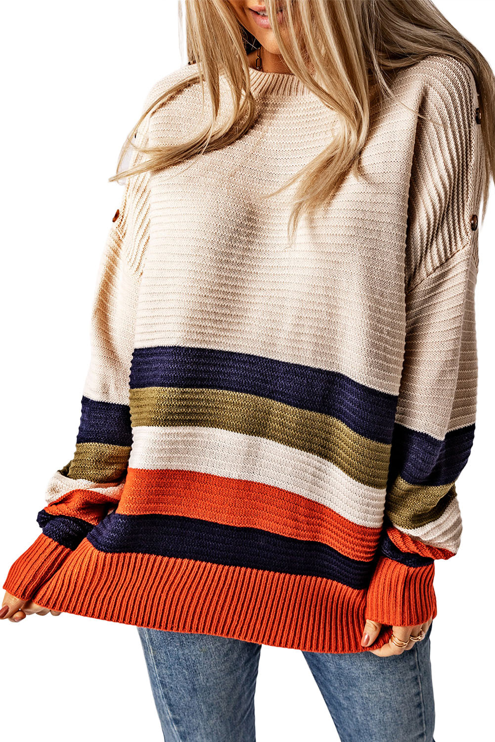 White Buttoned Shoulder Drop Shoulder Striped Sweater Sweaters & Cardigans JT's Designer Fashion