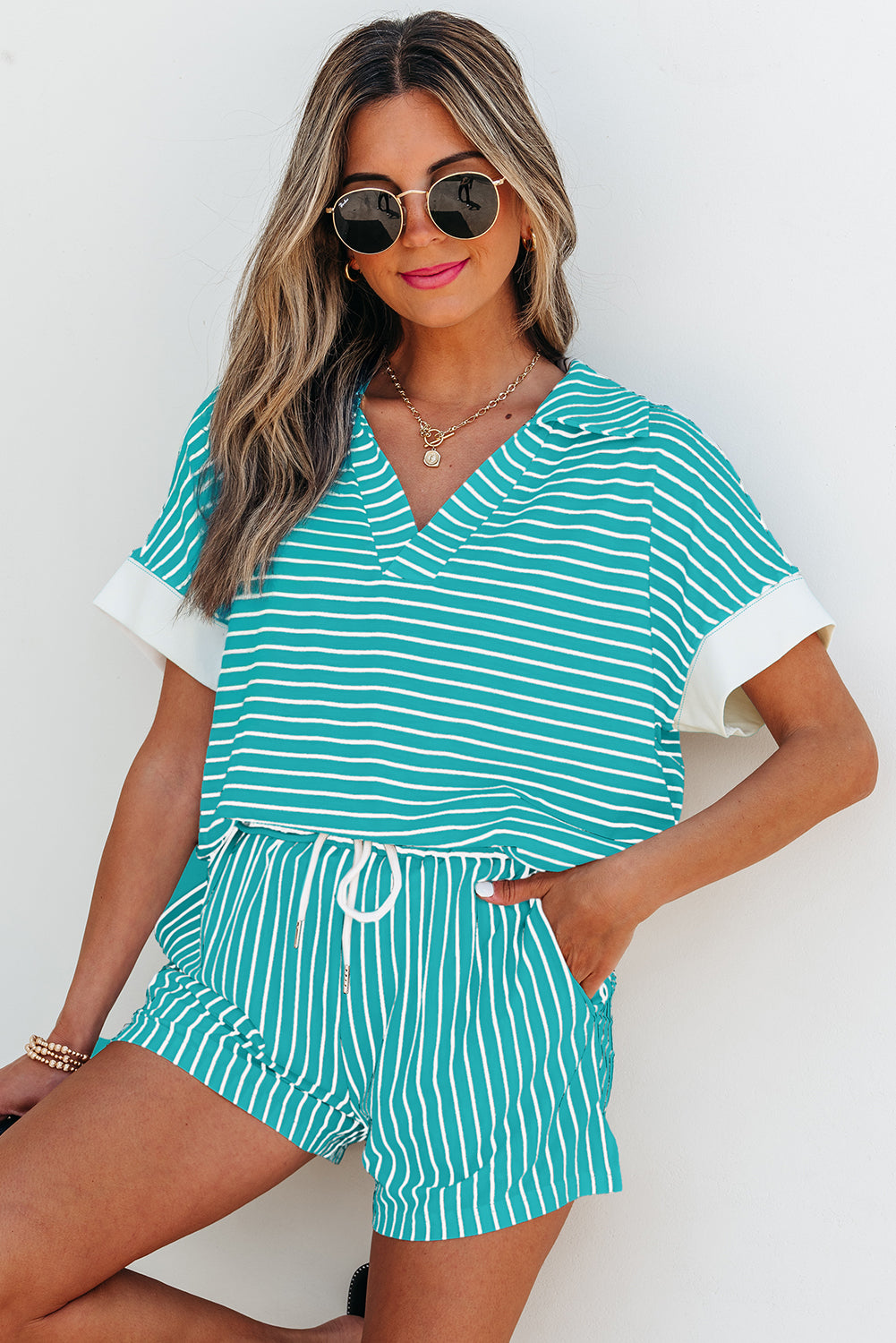 Sky Blue Stripe V Neck Tee and Casual Short Set Short Sets JT's Designer Fashion