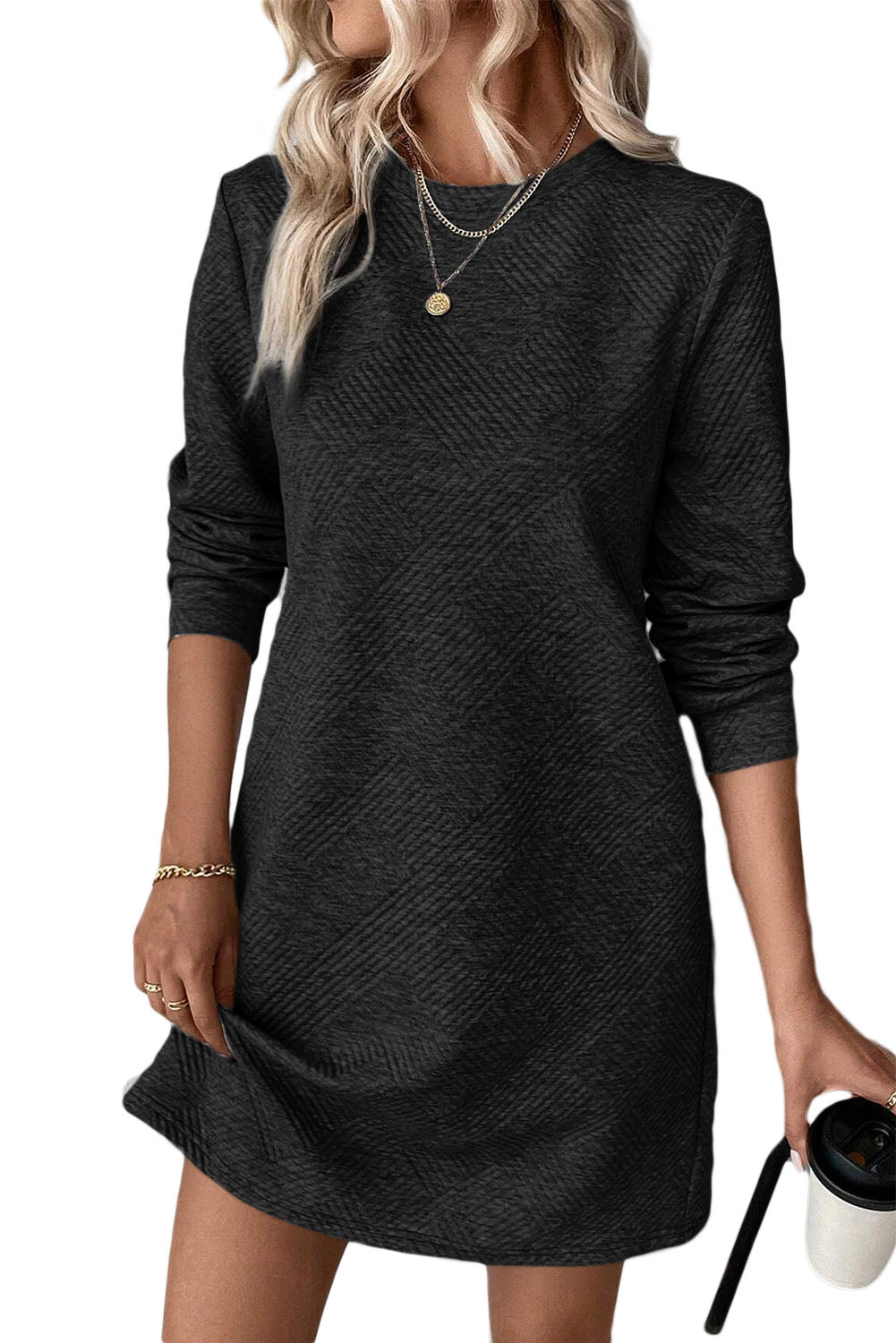 Black Solid Color Textured Long Sleeve Shift Dress Mini Dresses JT's Designer Fashion