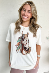White Western Aztec Horse Graphic Crewneck Tee Graphic Tees JT's Designer Fashion