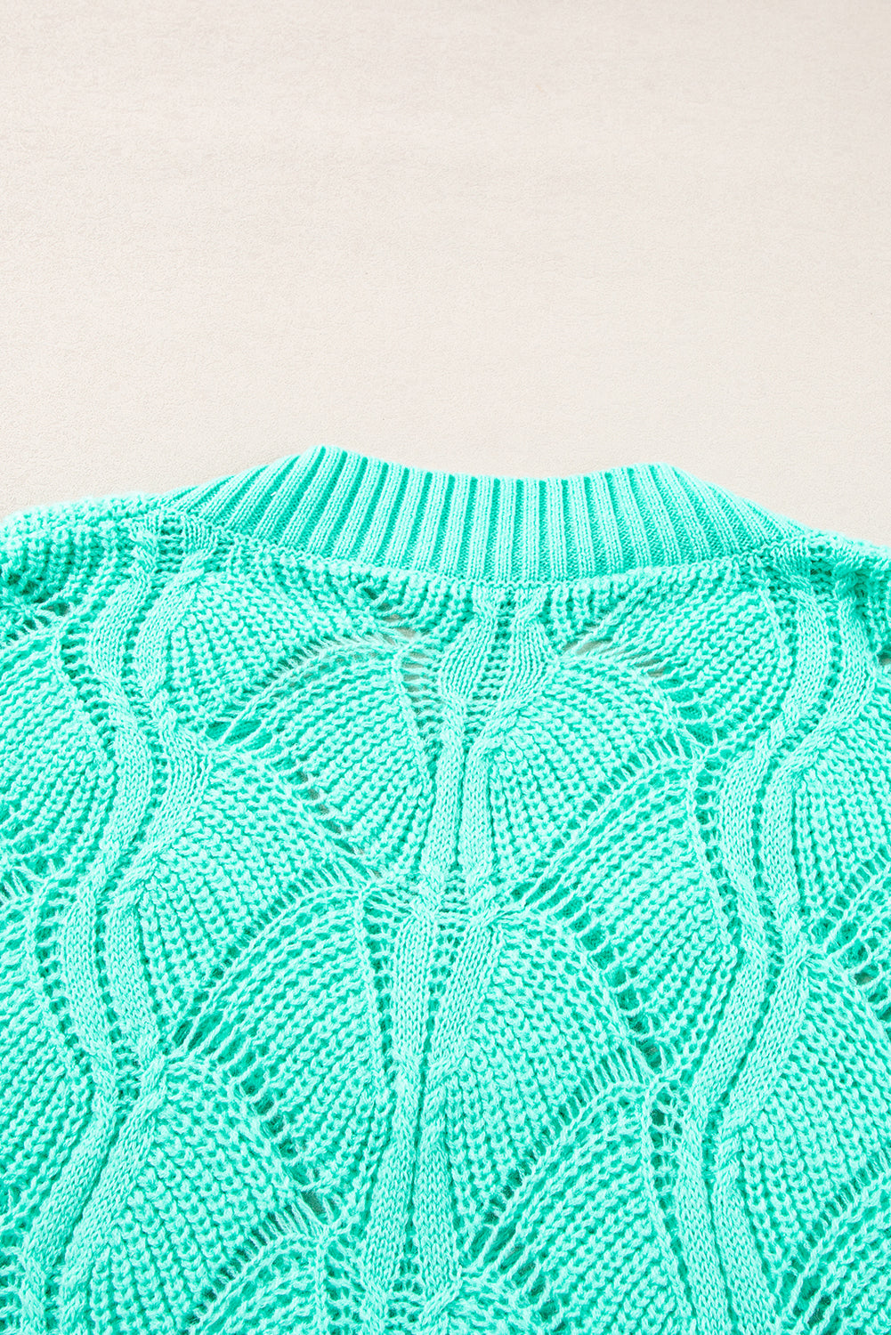 Mint Green Hollow Out Knit V Neck Drop Shoulder Sweater Sweaters JT's Designer Fashion