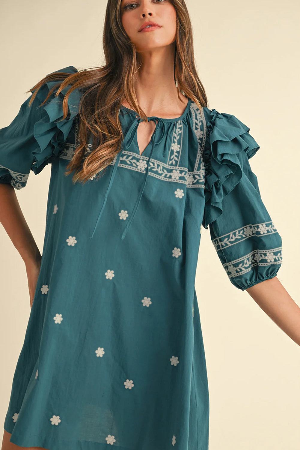 Skobeloff Boho Floral Ruffle Puff Sleeve Lace-up V Neck Mini Dress Floral Dresses JT's Designer Fashion
