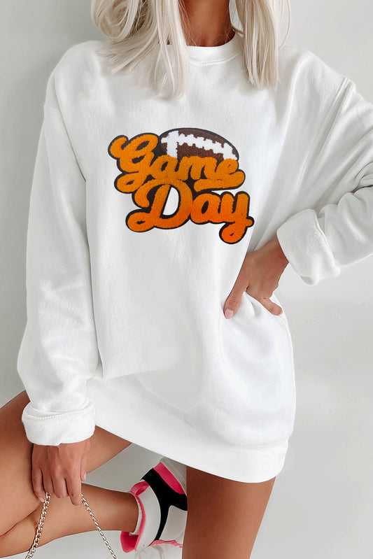 White Chenille Game Day Rugby Football Pattern Pullover Sweatshirt Graphic Sweatshirts JT's Designer Fashion