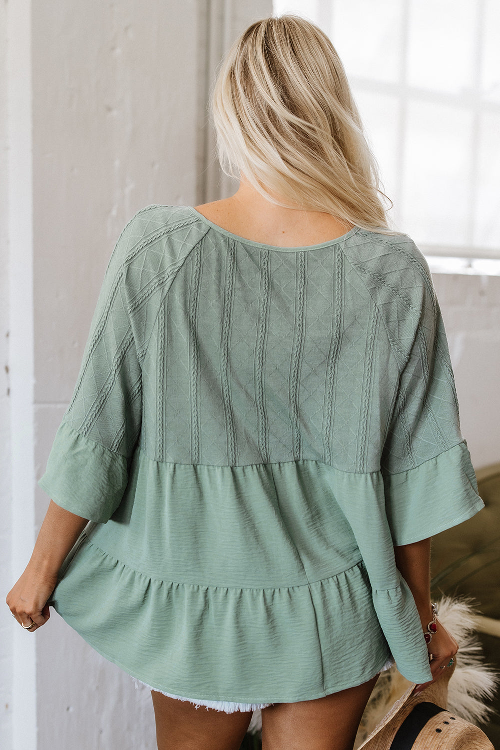 Laurel Green Tie Split Neck Textured Ruffle Patchwork Blouse Blouses & Shirts JT's Designer Fashion