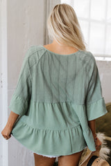 Laurel Green Tie Split Neck Textured Ruffle Patchwork Blouse Blouses & Shirts JT's Designer Fashion