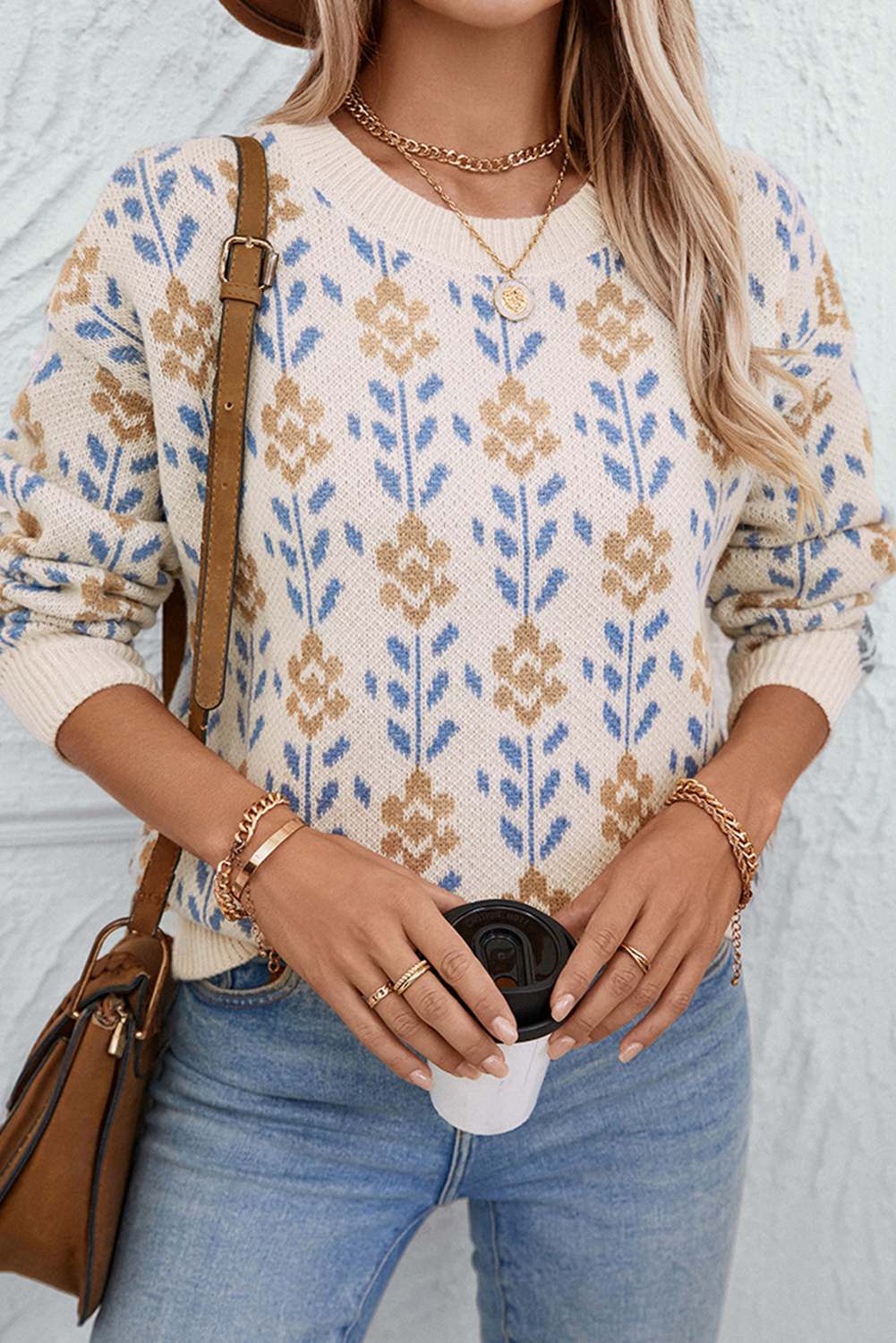 Apricot Floral Pattern Crew Neck Sweater Sweaters JT's Designer Fashion