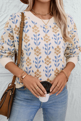 Apricot Floral Pattern Crew Neck Sweater Sweaters JT's Designer Fashion