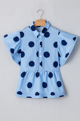 Sky Blue Polka Dot Print Ruffled Short Sleeve Buttoned Collared Blouse Blouses & Shirts JT's Designer Fashion