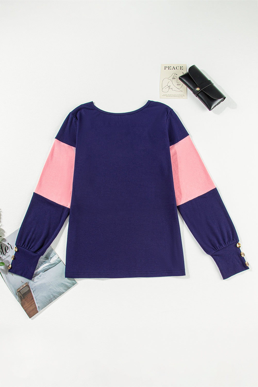 Blue Stripe Colorblock Button Decor Long Sleeve V Neck Top Long Sleeve Tops JT's Designer Fashion
