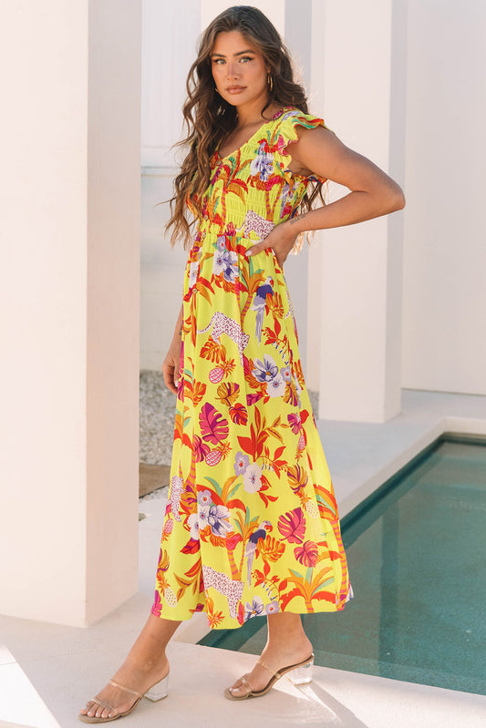 Yellow Cheetah Plant Print Shirred Button V Neck Long Dress Maxi Dresses JT's Designer Fashion