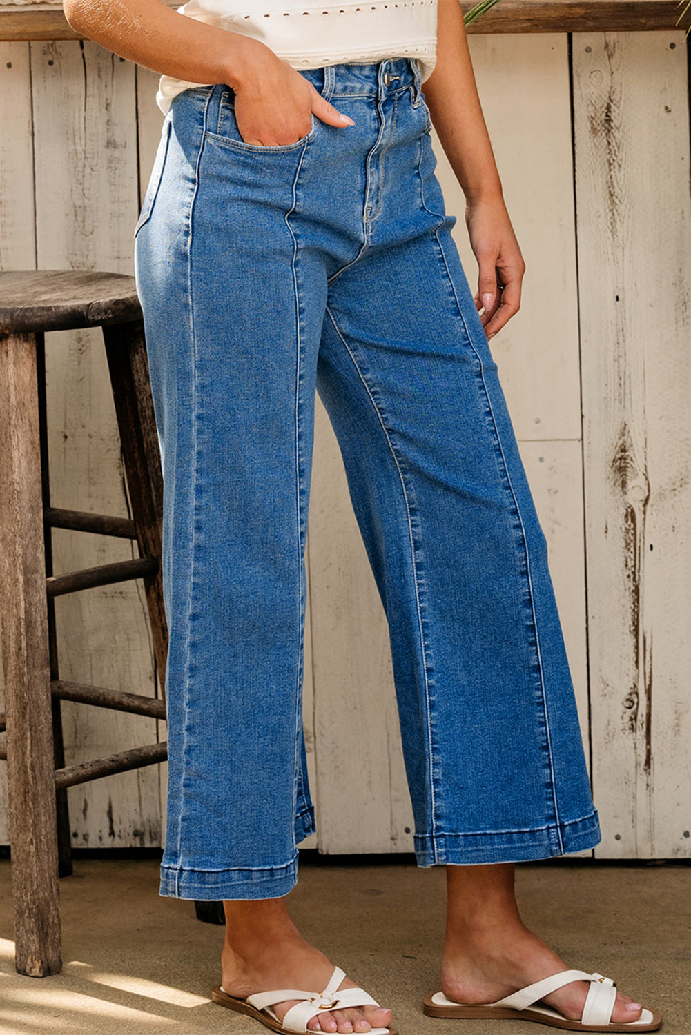Dark Blue Plain Seam Detail Flared Bottom Ankle Length Jeans Jeans JT's Designer Fashion