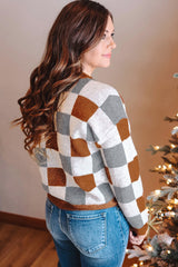 Brown Plus Size Checkered Crewneck Sweater Plus Size Sweaters & Cardigans JT's Designer Fashion