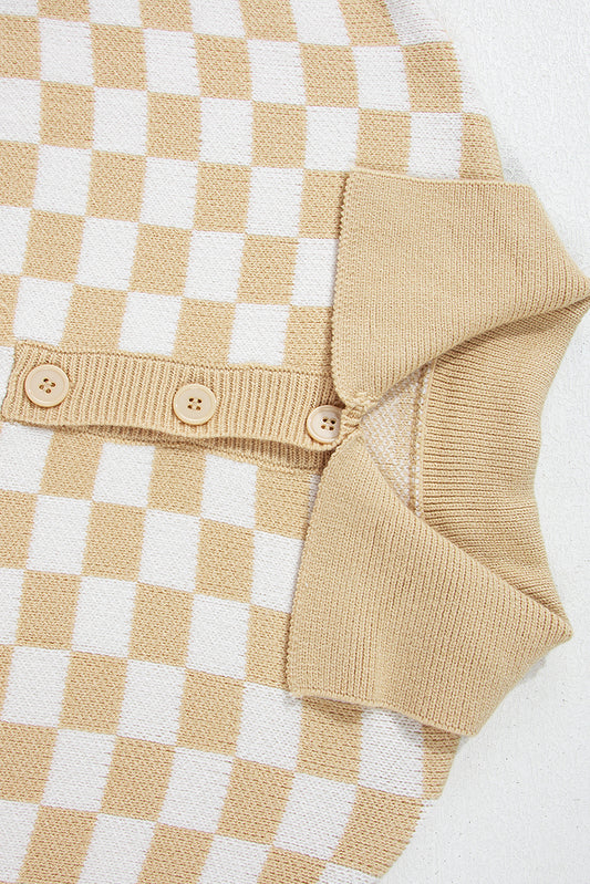 Apricot Checkered Buttons Collar V Neck Drop Shoulder Sweater Sweaters JT's Designer Fashion